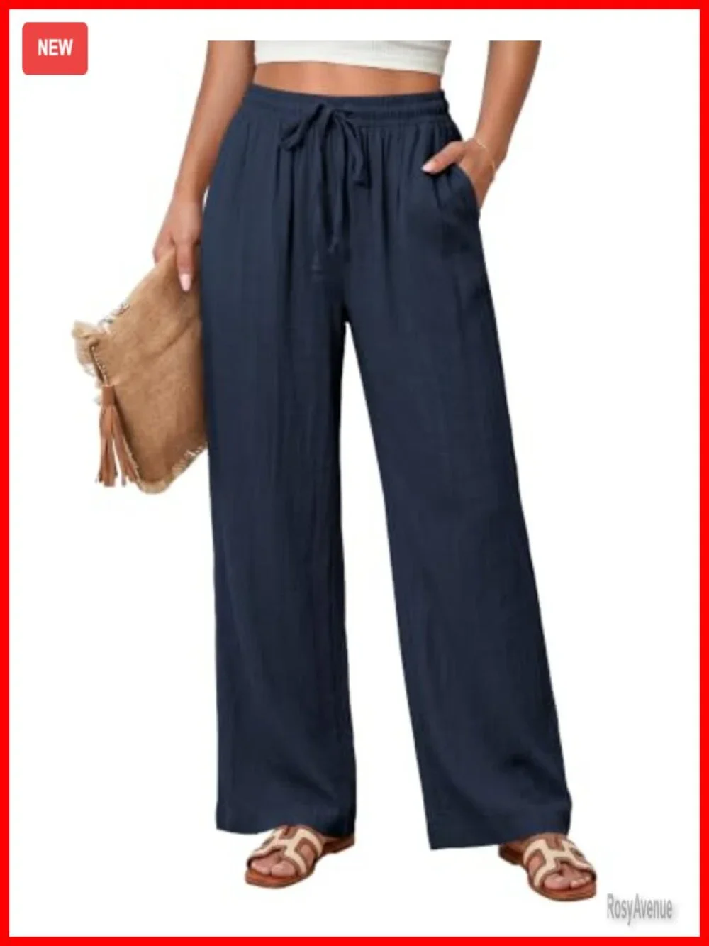 Linen Wide Leg Drawstring Palazzo Trousers Pants Pull On Elastic Waist
